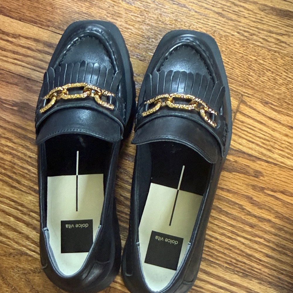 Dolce Vita Black Leather Kiltie Loafers with Gold Chain